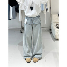 批发叠层拼接裙帘阔腿牛仔裤<b class='q'>女</b>美式秋季新款高腰宽松显瘦直筒阔腿长裤