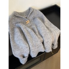 批发慵懒风牛角扣灰色翻领毛衣女早<b class='q'>秋装</b>大码胖mm插肩袖正肩显瘦针织衫