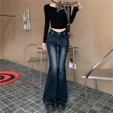 批发水洗蓝<b class='q'>色</b>微喇叭牛仔裤女秋季修身高腰拖地裤子百搭<b class='q'>休闲裤</b>马蹄长裤