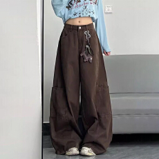 批发美拉德咖<b class='q'>色</b>阔腿工装牛仔裤女秋季新款设计感宽松直筒弯刀<b class='q'>休闲裤</b>子