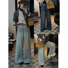 批发YOUMO有陌17012怀旧牛仔阔腿裤<b class='q'>女</b>秋冬高腰加绒宽松时尚拖地大筒裤