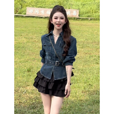 批发气质收腰牛仔外套女韩系秋季新款高级显瘦百搭翻领短上衣<b class='q'>短裙</b>套装