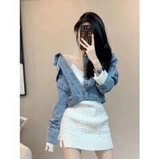 批发高级感洋气超火减龄<b class='q'>套装</b>裙辣妹女<b class='q'>牛仔</b>外套女短款针织吊带裙两件套