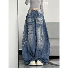 批发高街工装弯刀<b class='q'>牛仔裤</b>裤子女款2025秋季新款宽松慵懒风阔腿裤拖地裤