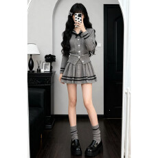 批发韩系学院风灰色针织连衣裙子女秋冬2025新款巨好看穿搭一整套装