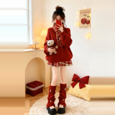 批发新年战袍红色毛衣连衣裙女秋冬2025新款巨好看穿搭一整套短裙套装