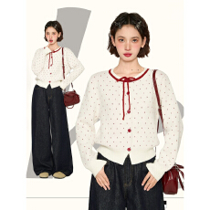 批发韩系学院风穿搭套装女白<b class='q'>色</b>波点针织衫毛衣<b class='q'>开衫</b>深蓝<b class='q'>色</b>牛仔裤两件套