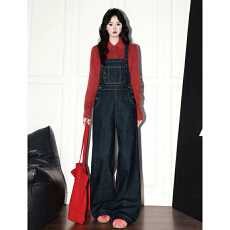 批发美式复古深蓝牛仔背带裤女春秋新款超火宽松休闲减龄连体<b class='q'>阔</b>腿长裤