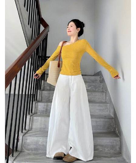 전체 집합 ootd 착용 가져 가라. 세트 비스듬한 칼라 오프숄더 황색 맨위 캐주얼 와이드 레그 팬츠 투피스 세트 2026 봄 여성