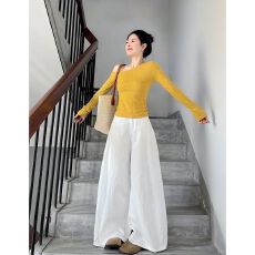 批发一整套ootd穿搭套装斜领露肩黄色上衣休闲阔腿<b class='q'>裤</b><b class='q'>两件套</b>2026春季女