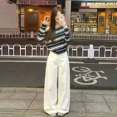 批发韩chic一整套气质超好看温柔风条纹斜肩针织衫上衣休闲<b class='q'>裤</b>两件套装