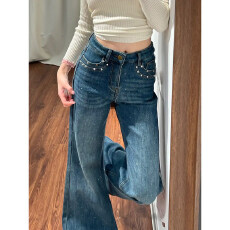 批发美式复古深蓝色满天星带烫钻微喇牛仔<b class='q'>裤</b>女春季2026新款高腰马蹄<b class='q'>裤</b>