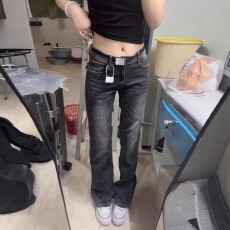 批发美式vintage黑灰色微喇牛仔<b class='q'>裤</b>女秋冬修身显瘦复古做旧低腰长<b class='q'>裤</b>子