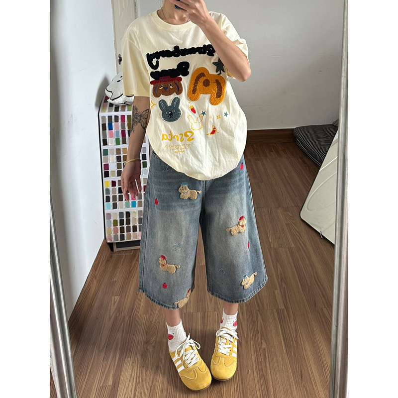 아메리칸 재미있는 강아지 자수 7 점 청바지 여성 여름 8 점 바지 벽오동 스트레이트 넓은 다리 6 점 반바지