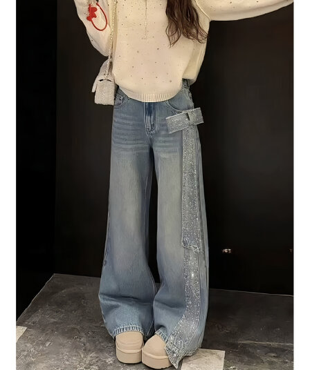 고급 센스 나비 매듭 핫픽스 디자인 센스 넓은 다리 청바지 여성 아메리칸 루즈핏 슬림해 보이는 하이웨이스트 스트레이트 롱 바지