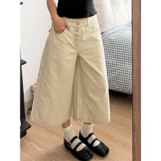 批发卡其色七分牛仔裤<b class='q'>女</b>2026春夏新款排扣设计休闲显瘦宽松百搭阔腿<b class='q'>裤</b>