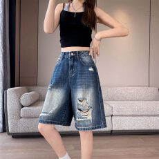 批发破洞五分牛仔短裤女2026夏季薄款刺绣后袋宽松阔腿直筒裤5分中裤