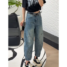 批发蓝色复古做旧弯刀阔腿牛仔<b class='q'>裤</b>女2026夏季薄款小个子高腰直筒九分<b class='q'>裤</b>