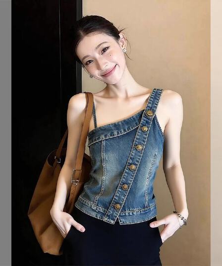 항구 바람 레트로 파란색 데님 슬립 외출용 여성 2026 여름 슈퍼 화재 작은 대중 아니요 명중 섹션 조끼 민소매 맨위