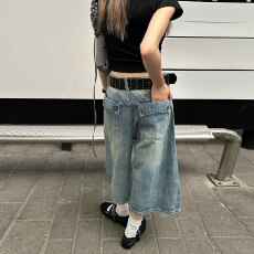 批发美式复古折痕七分牛仔<b class='q'>裤</b>女夏季2026新款宽松阔腿过膝7分中<b class='q'>裤</b>短<b class='q'>裤</b>