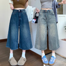 批发美式复古水洗高腰阔腿<b class='q'>裤</b><b class='q'>牛仔裤</b>女装夏季宽松百搭显瘦七分<b class='q'>裤</b>短<b class='q'>裤</b>子