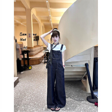 批发美式高街深蓝色牛仔背带<b class='q'>裤</b>夏季减龄学院风复古高腰宽松休闲连体<b class='q'>裤</b>