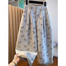 批发复古小马提花牛仔<b class='q'>裤</b>女2026夏季新款宽松梨形身材显瘦设计感阔腿<b class='q'>裤</b>