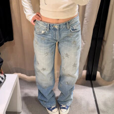 批发美式复古水洗星星烫钻牛仔<b class='q'>裤</b>女2026新款辣妹低腰宽松直筒长<b class='q'>裤</b>