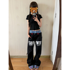 批发黑色牛仔<b class='q'>裤</b>女2026夏季新款美式双腰拼接弯刀设计感叠堆直筒长<b class='q'>裤</b>子