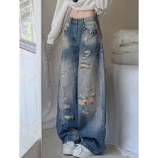 批发蓝色高街百搭设计感花朵刺绣牛仔<b class='q'>裤</b>女设计感小众宽松休闲直筒<b class='q'>裤</b>子