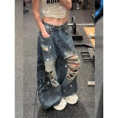 批发美式泼墨破洞牛仔<b class='q'>裤</b>女夏季设计感高街<b class='q'>裤</b>子辣妹穿搭个性印花阔腿<b class='q'>裤</b>