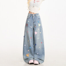 批发韩系甜美爱心贴布星星纽扣装饰牛仔<b class='q'>裤</b>女复古做旧水洗阔腿直筒<b class='q'>裤</b>子
