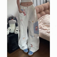 批发美式复古趣味苹果刺绣牛仔<b class='q'>裤</b>女cleanfit格纹大口袋工装阔腿长<b class='q'>裤</b>子
