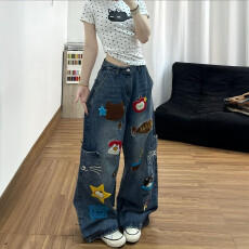 批发童趣卡通刺绣<b class='q'>牛仔</b>裤子女2026春秋新款宽松bf风街头宽松阔腿裤<b class='q'>长裤</b>