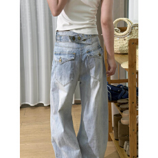 批发巴黎扣设计阔腿牛仔<b class='q'>裤</b>女秋季新款浅蓝色竹节纹垂感休闲百搭拖地<b class='q'>裤</b>