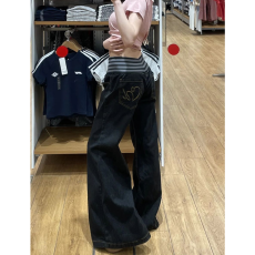批发美式复古水洗黑色松紧腰牛仔<b class='q'>裤</b>女2026秋季宽松显瘦微喇叭阔腿长<b class='q'>裤</b>