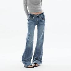批发美式复古辣妹低腰豹纹牛仔<b class='q'>裤</b><b class='q'>裤</b>子女款2026秋季新款修身显瘦拖地<b class='q'>裤</b>