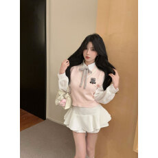 批发实拍实价 甜美学院风jk制服白衬衫叠穿粉马甲高腰<b class='q'>蓬蓬</b>短<b class='q'>裙套装</b>女