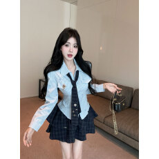 批发实拍实价美式学院风jk制服套<b class='q'>装</b>蝴蝶结刺绣条纹<b class='q'>衬衫</b>蓬蓬半裙两件套