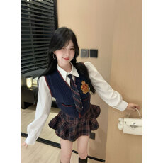 批发实拍实价 藏蓝美式学院风jk制服<b class='q'>衬衫</b>叠穿马甲背心蓬蓬短裙三件套