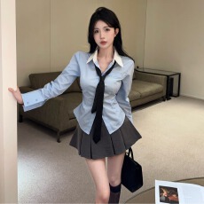 批发实拍实价 甜辣设计感收腰修身领带长袖<b class='q'>衬衫</b>灰色百褶裙jk制服套<b class='q'>装</b>