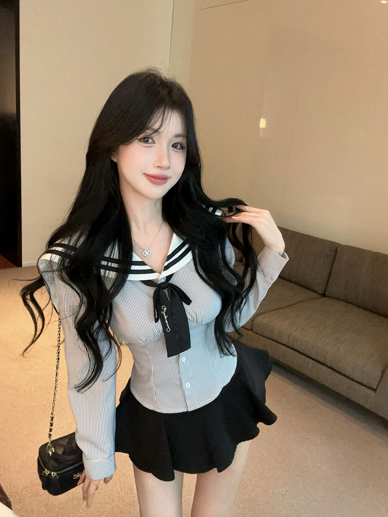 실사 정가 학원 스타일 핫걸 스트라이프 선원 칼라 셔츠 순수한 욕망 검정색 jk 달콤한 매운맛 퍼프 치마바지 세트