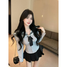 批发实拍实价 学院风辣妹条纹水手领衬衫纯欲黑色jk甜辣<b class='q'>蓬蓬</b>裙裤套装