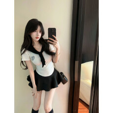 批发实拍实价 辣妹学院风套<b class='q'>装</b>女短款海军领刺绣<b class='q'>修身</b>T恤高腰蓬蓬短裙<b class='q'>裤</b>