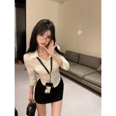 批发实拍实价 纯欲辣妹设计感收腰jk衬衫修身包臀短裙a字裙子套装女