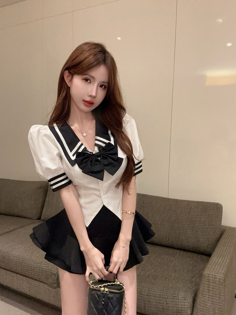 실사 정가 jk 학원 스타일 세트 여성 인터넷 유명인 반팔 연령 감소 셔츠 하이웨이스트 퍼프 반신 짧은 치마바지