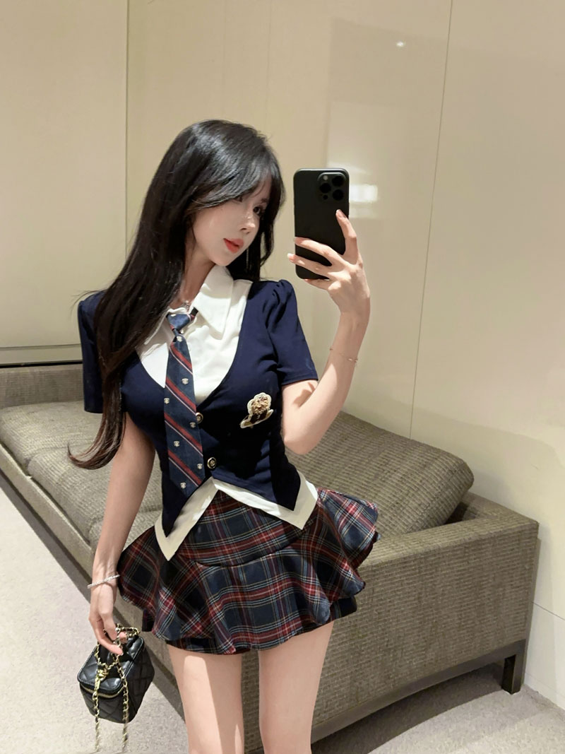 실사 정가 학원 스타일 인터넷 유명인 세트 여성 핫걸 몸매 가꾸기 페이크 레이어드 티셔츠 맨위 하이웨이스트 체크무늬 퍼프 스커트