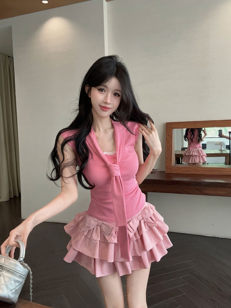 실사 정가 순수한 욕망 핫걸 해군 칼라 레이스업 레이스 조각 민소매 몸매 가꾸기 티셔츠 케이크 반신 치마 세트