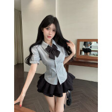 批发实拍实价 纯欲jk制服泡泡袖衬衫<b class='q'>高腰</b>显瘦a字裙防走光短裤裙套装女