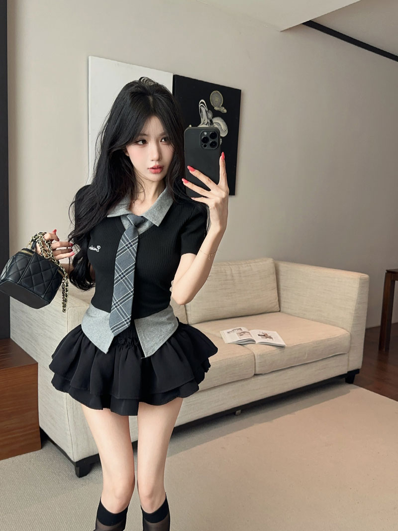 실사 정가 아메리칸 핫걸 페이크 레이어드 POLO 칼라 반팔 티셔츠 맨위 슬림해 보이는 퍼프 스커트 반바지 치마 세트